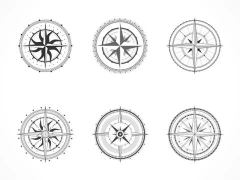 Vector set of vintage compasses or marine wind roses. Stock Illustration