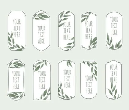 Vector set. Vintage labels with green leaves. Frame border with copy space. Stock Illustration