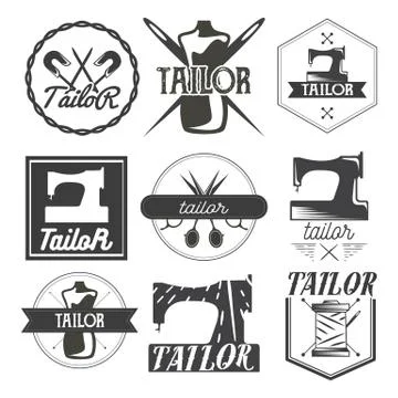 Vector set of vintage sewing logo, design elements and emblems. Tailor shop Illustrazione stock