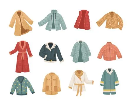 Vector set of vinter clothes. Different types of coats and jackets. 스톡 일러스트