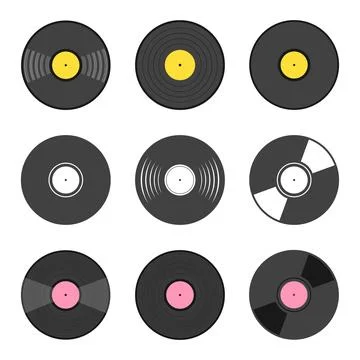 Vector set of vinyl record icons in different styles with colorful labels Stock Illustration