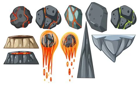 Vector Set of Volcanic Rocks, Meteors, and Lava Elements 스톡 일러스트