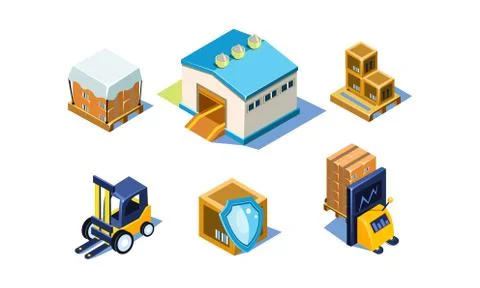 Vector set of warehouse and logistics equipment. Fork loaders, boxes and Stock Illustration