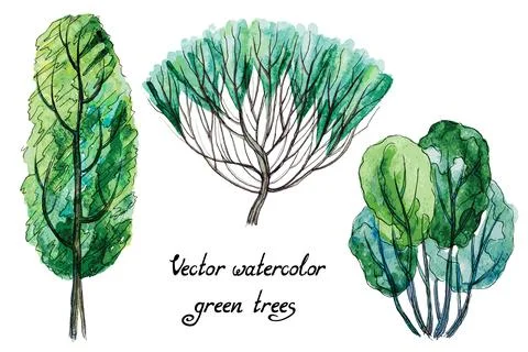 Vector set of watercolor green trees Stock Illustration