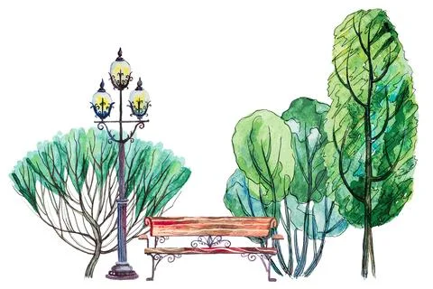 Vector set of watercolor green trees bench lantern Stock Illustration