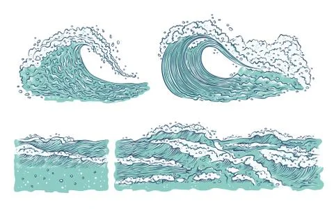 Vector set waves sea ocean. Big and small azure bursts splash with foam and Illustrazione stock