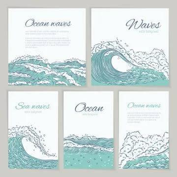 Vector set waves sea ocean card wedding, summer holiday and trip. Flyer or Stock Illustration