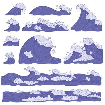 Vector set waves sea ocean. Big and small very peri bursts splash with foam and Stock-Illustration