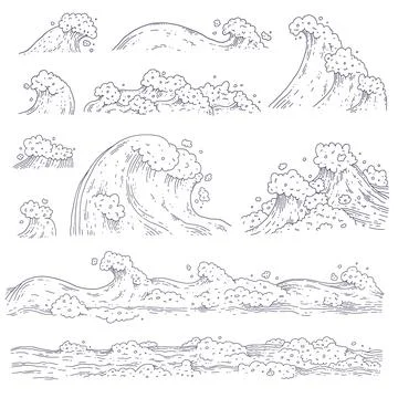 Vector set waves sea ocean. Big and small bursts splash with foam and bubbles Illustrazione stock