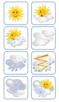 Vector set of weather forecast icons for all weather types. Sun has an expres Stock Illustration