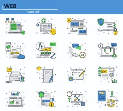 Vector set of web development and office icons in thin line style. Website UI 스톡 일러스트
