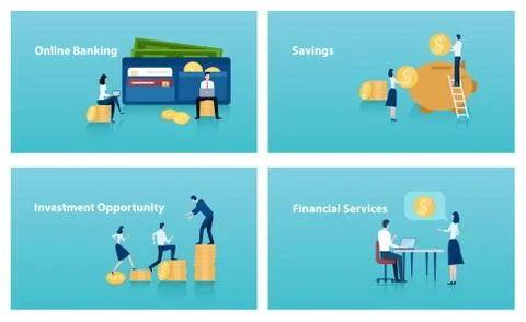 Vector set of web page templates of online banking, financial services, savin Stock Illustration