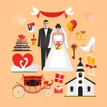 Vector set of wedding ceremony isolated objects. Design elements and icons in Illustrazione stock