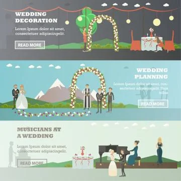 Vector set of wedding horizontal banners in flat style 스톡 일러스트