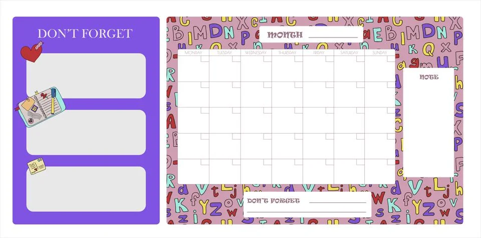 Vector set of weekly planner, to do list, note, Schedule, background. School Stockillustratie