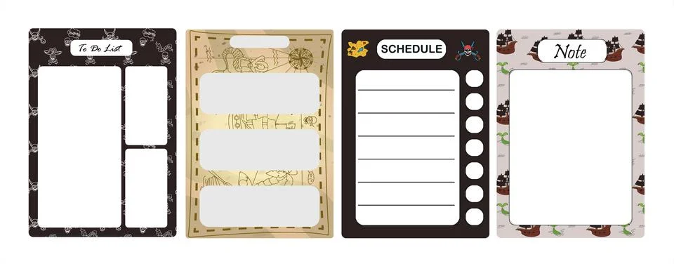 Vector set of weekly planner, to do list, note, background with doodle pirate Stock Illustration