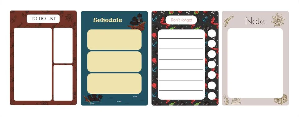 Vector set of weekly planner, to do list, note, background with doodle pirate Stock Illustration