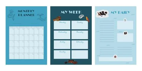Vector set of weekly planner, to do list, note, background with doodle pirate Stock Illustration