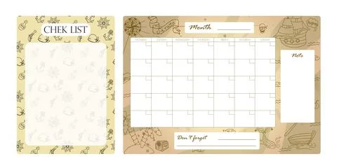 Vector set of weekly planner, to do list, note, background with doodle pirate Stock Illustration