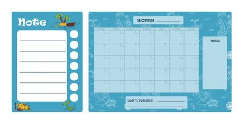 Vector set of weekly planner, to do list, note, background with doodle pirate Stock Illustration