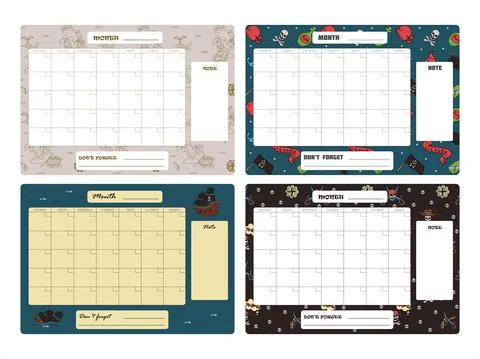 Vector set of weekly planner, to do list, note, background with doodle pirate Stock Illustration