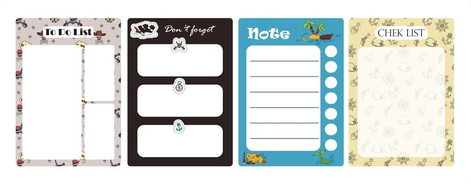 Vector set of weekly planner, to do list, note, background with doodle pirate Stock Illustration