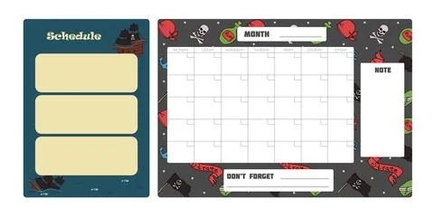 Vector set of weekly planner, to do list, note, background with doodle pirate Stock Illustration