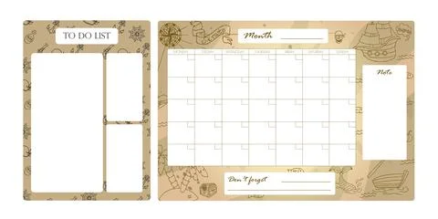 Vector set of weekly planner, to do list, note, background with doodle pirate Stock Illustration