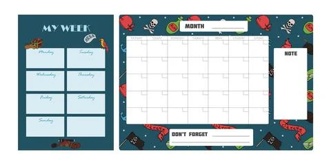 Vector set of weekly planner, to do list, note, background with doodle pirate Stock Illustration