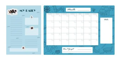 Vector set of weekly planner, to do list, note, background with doodle pirate Stock Illustration