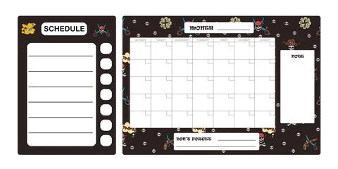 Vector set of weekly planner, to do list, note, background with doodle pirate Stock Illustration