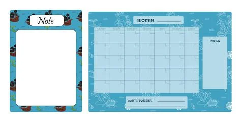 Vector set of weekly planner, to do list, note, background with doodle pirate Stock Illustration