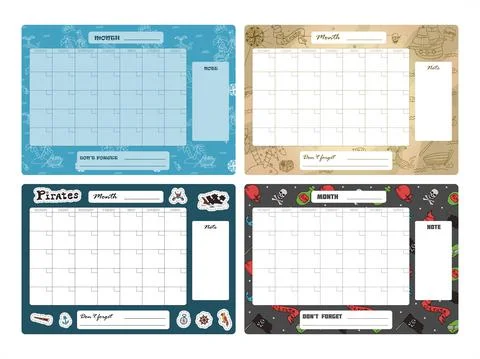 Vector set of weekly planner, to do list, note, background with doodle pirate Stock Illustration