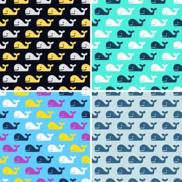 Vector set of whale fish seamless patterns Stock Illustration