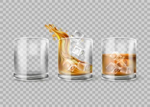 Vector set of whiskey glass isolated on transparent background. Whisky with ice Stockillustratie