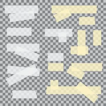 Vector set of white and yellow transparent adhesive tape. Torn pieces of ma.. Illustrazione stock