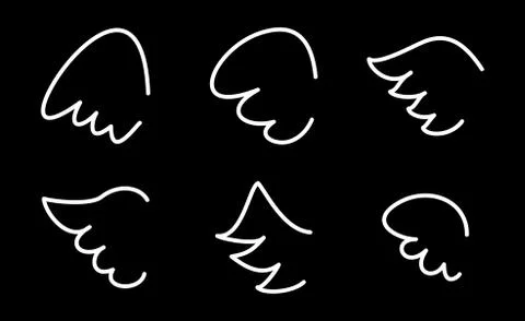 Vector set with white angel or bird wing icon isolated on black background Stock Illustration