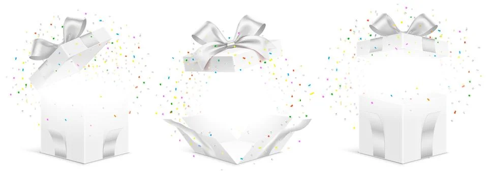 Vector set of white gift boxes exploded colorful confetti isolated on background Stock Illustration