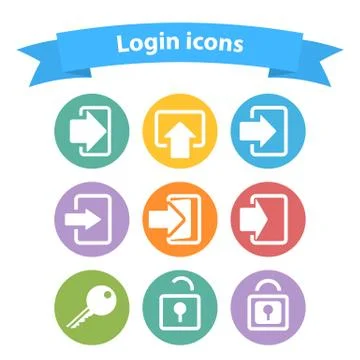 Vector set of white login icons with arrow,lock,key,shape,sign Stock Illustration