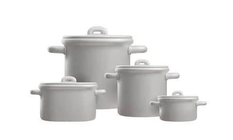 Vector set of white pans, realistic 3D kitchen icons. Stock Illustration