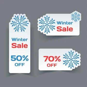 Vector Set of White Paper Retro Labels with Snowflakes. Stock Illustration