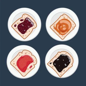 Vector set of white toast bread slices with fruit jam Illustrazione stock