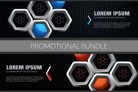 Vector set of wide abstract gradient black and white mesh background with hex Stock Illustration