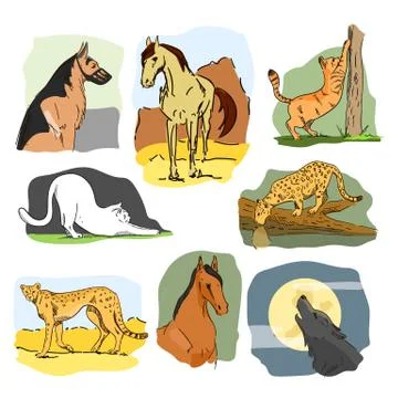 Vector set of wild and home animals. Hand drawn cartoon illustration. Horse, dog Stock Illustration