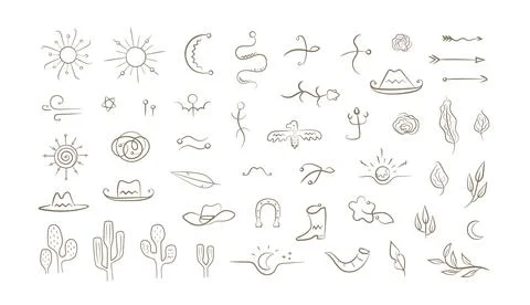 Vector set with wild west hand drawn elements. Western cactus, cowbot hat, boot Stock Illustration