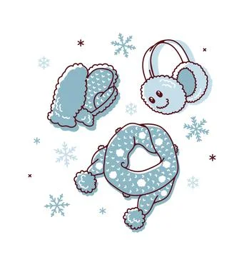 Vector set of winter accessories with snowflakes. Warm headphones, knitted sc 스톡 일러스트