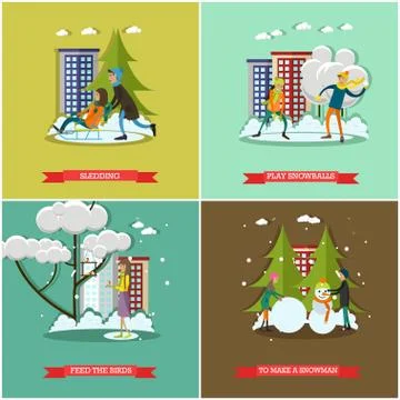 Vector set of winter activities concept design elements, flat style Illustrazione stock