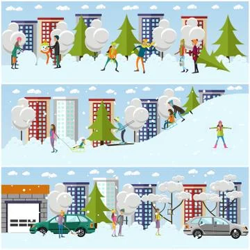 Vector set of winter activities concept design elements, flat style Stock Illustration