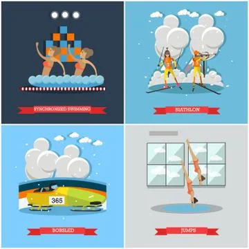 Vector set of winter and water sports concept flat posters 库存插图