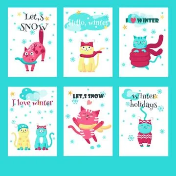 Vector set of winter cards with cute cats Stockillustratie